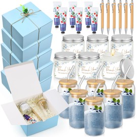 Reallnaive 6 Sets Baby Shower Prizes for Game Winners, Baby Shower Favors Including Glass Cup Scented Candles Hand Cream Pens Gift Box with Raffia for Gender Reveal Wedding Bridal Party Prizes(Blue)