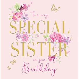 Noel Tatt Very Special Sister Birthday Card - Pretty Floral Design with Butterflies - Illustrated Happy Birthday Card for Her