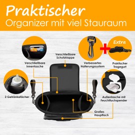 GRINSEZWERGE Pram Organiser - Premium Pram Bag Lockable I Children's Buggy Bag with Wet Wipe Dispenser I Baby Stroller Bag Grey I Storage Bag (Theo Tiger (Black))