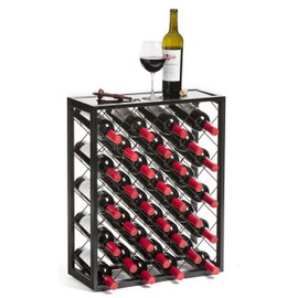 Mango Steam 32 Bottle Wine Rack with Black Glass Top Shelf, Free Standing for Home, Kitchen and Bar