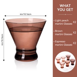 Cyrelwing Brown colored Martini Glasses Set of 6 -Brown Cocktail Glasses - 8oz Stemless Margarita, Bar, Dessert Glass Espresso Martini - Cocktail Party Gift for Her