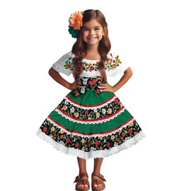 Girls’ Mexican Traditional Floral Dress with Lace and Embroidery for Cinco De Mayo and Fiestas, Green, Size 12