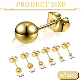 12 Pcs Gold Ball Stud Earrings Women Hypoallergenic Ball Earrings 3mm-8mm Stainless Steel Round Ball Studs Earrings