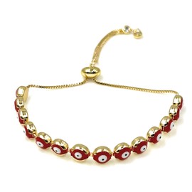 LESLIE BOULES Red Strand Evil Eyes Bracelet 18K Gold Plated Adjustable Chain Protection Jewelry (RED)