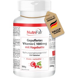 Buffered Vitamin C 1000mg with Rose Hip - with 1000mg per Tablet - 250 Tablets - High Dose - 100% Vegan - German Production & Laboratory Test - NutriFair | Premium & Fair
