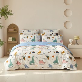 YASMENG Children's Bed Linen 135 x 200 cm Dino Motif Bed Linen 100% Cotton Reversible Bed Linen 2-Piece for Teenagers Children Boys with Zip and 80 x 80 cm Pillowcase