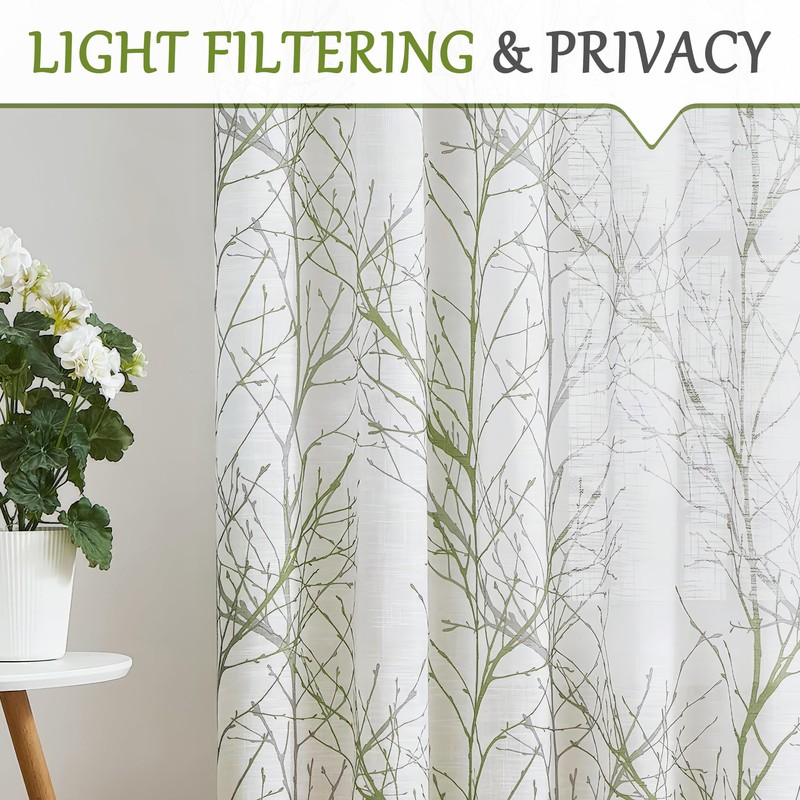 FMFUNCTEX Linen Semi Sheer Curtains for Bedroom, Sage Green White
