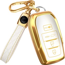 for Toyota Corolla Key Fob Cover and Leather Keychain - TPU Key Case for Avalon, Camry, C-HR, Highlander, Prius, Venza - 2019-2024 Keyfob Cover Compatible with HYQ14FBX - White and Gold