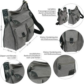 Jennifer Jones - Large Women's Handbag Made of Canvas and Genuine Leather - Vintage Look - Casual Shoulder Bag - Shoulder Bag, Model F - Grey