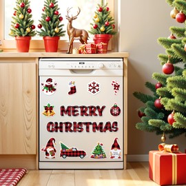 12Pcs Christmas Dishwasher Magnet Cover, Merry Christmas Dishwasher Magnetic Sticker Xmas Buffalo Plaid Dishwasher Panel Decal Gnome Snowman Refrigerator Magnets for Kitchen Home Appliance Decor