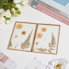 UNICRAFTALE Brass Photo Frames Pressed Flower Frame Double Picture Frames Golden with Glass Display Hinged Folding Frames for Dried Flower Display Home Office Desktop Decorations, 16x11cm