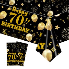 EVYIENEN 2 Pack 70th Birthday Tablecloth,Disposable Black Gold Plastic Waterproof Rectangular Table Covers for Christmas Party Decorations Men Women, 54 x 108 Inch