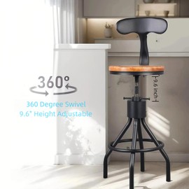 BOKKOLIK Set of 2 Industrial Bar Stools with Backrest 23-33inch Swivel Wooden Seat Kitchen Island Dining Chair Counter Stool Height Adjustable