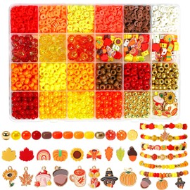 UPINS 2100PCS+ Fall Beads Bracelet Making Kit, Thanksgiving Clay Beads Round Spacer for Jewelry Making, Autumn Maple Leaf Pumpkin Pony Pearl for Fall DIYJewelry Projects