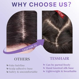 TESSHAIR Human Hair Topper with Bangs, 100% Remy Toppers Hair Pieces for Women, No Tangle & Smooth, Clip in Bangs 12 Inch #1B Natural Black