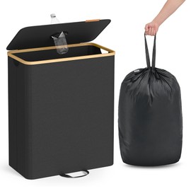 SONGMICS Recycling Bin for Kitchen 35.7 Gallon. Bottle Recycling Container, Collection Bin, for Metal, Plastic, Paper, Glass, Inner Bag with Handles, Kitchen, Ink Black and Natural Beige URRB513B01