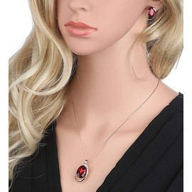 Leafael [Presented by Miss New York Austrian Crystal Rose Gold Plated Oval Double Circle Shape Red Magma Jewelry Set Earrings Pendant Necklace, 18" +