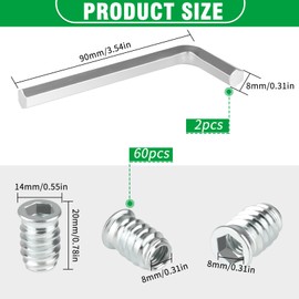 60 x Screw Nuts M8, M8 x 20 mm Threaded Sockets, Threaded Insert Wood Made of Galvanised Steel, Drive Nuts M8, Hex Hex Socket Nut for Wooden Furniture