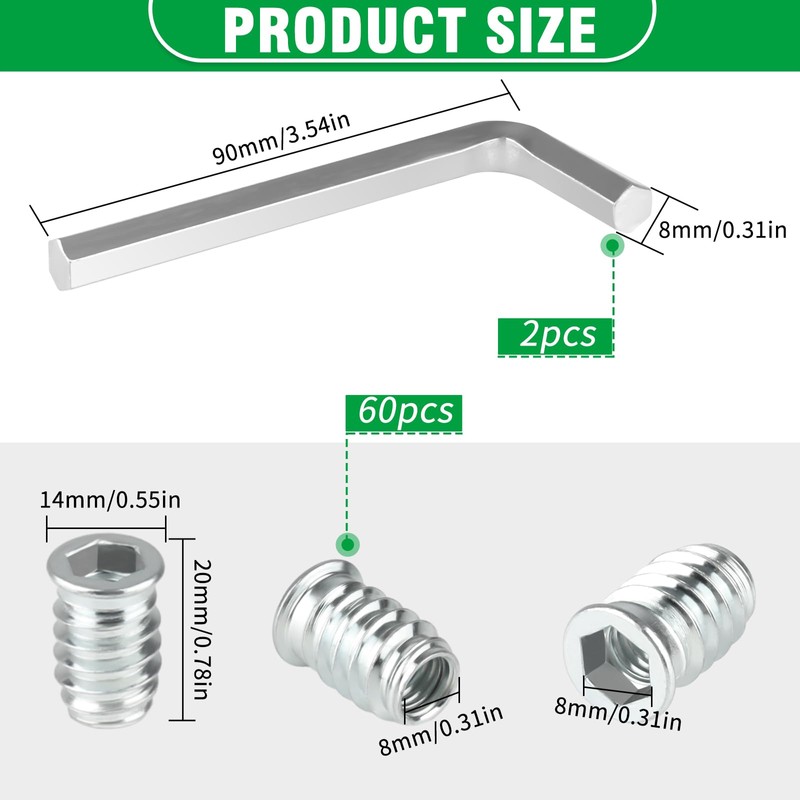 60 x Screw Nuts M8, M8 x 20 mm Threaded
