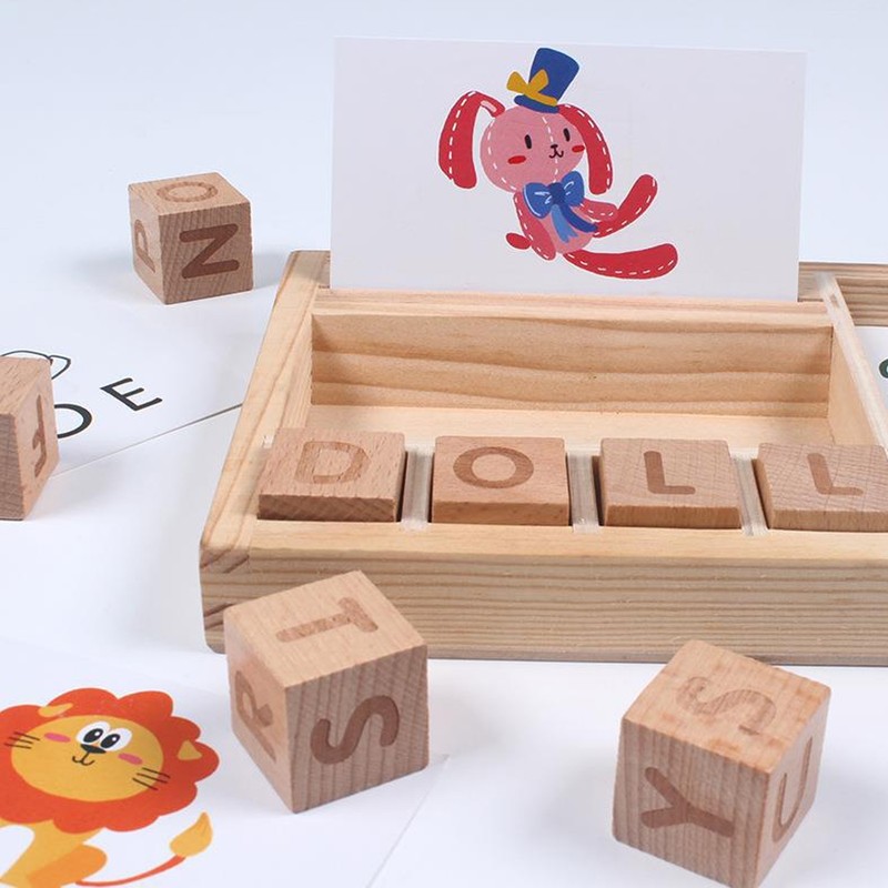 ABC Building Blocks English Letters 8 Blocks 30 Cards Wooden