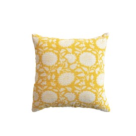 Creative Co-Op, Yellow Block Printed Cotton and Linen Pillow, White