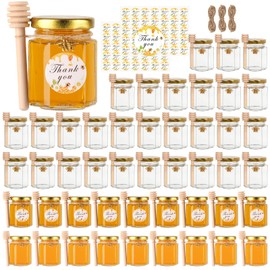 BIGIVACA 3 oz Hexagon Mini Glass Honey Jars with Wood Dippers,48 Pack Small Honey Jars with Gold Lids,Bee Pendants,Jutes,Bee Stickers,Perfect for Baby Shower,Wedding Favors,Party Favors