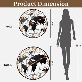 KEQAM Large World Map Wall Clock, Metal Minimalist Modern Clock,Round Silent Non-Ticking Battery Operated Wall Clocks for Living Room/Home/Kitchen/Bedroom/Office/Farmhouse Decor (24 Inch)