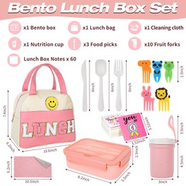 Kolewo4ever 77 Pieces Bento Box Lunch Box Kit Pink White Insulated Lunch Bag 3 Layer Stackable Leakproof Lunch Box Containers with Cup,Lunch Bag,Spoon,Fork,60 Pieces Lunch Box Notes for(Pink White)