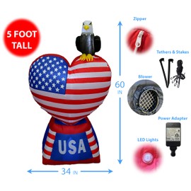 BZB Goods 5 Foot Tall Patriotic Independence Day Inflatable Love Heart with American Flag and Eagle Decoration
