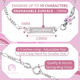 UNICORNJ Sterling Silver 925 Engravable ID Bracelet Figaro Chain for Girls Flying Unicorn with White Enamel 6.5" - Engraved
