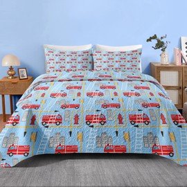 Pamnest Quilt Set Twin Size, Red Fire Trucks Engine 2 Pcs Soft Bed Cover Bedding Set for Kids and Adults, Fire-Fighting Vehicle Lightweight Bedspread Coverlet with Pillow Sham for All Season