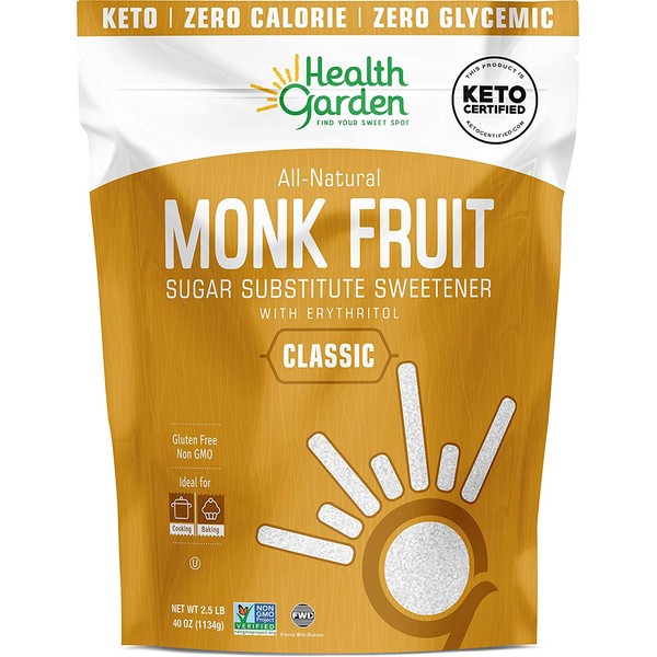 Health Garden Monk Fruit Sweetener, Classic White - Non GMO - Gluten Free - 1:1 Sugar Substitute - Keto Friendly - Taste Like Sugar (2.5 Lb)