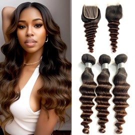 Ombre Human Hair Bundles with Closure(18 20 22+18) T1b/2/4 Ombre Three Tone Colored Bundles with Closure 10A Brazilian Hair Ombre Chestnut Brown Loose Deep Wave Sew In Bundles and 4x4 Lace Closure
