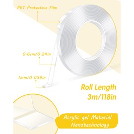 Caianwin 6 m Double-Sided Tape Mini Wide 6 mm Extra Strong Double Sided Tape Transparent Nano Tape Removable Double-Sided Tape for Carpet, Home, Car or Outdoor (2 Rolls)