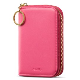 Vulkitty Wallet Women Zipper Bifold Small Leather Card Holder Wallet RFID Blocking with ID Window and Coin Pocket Rose Red