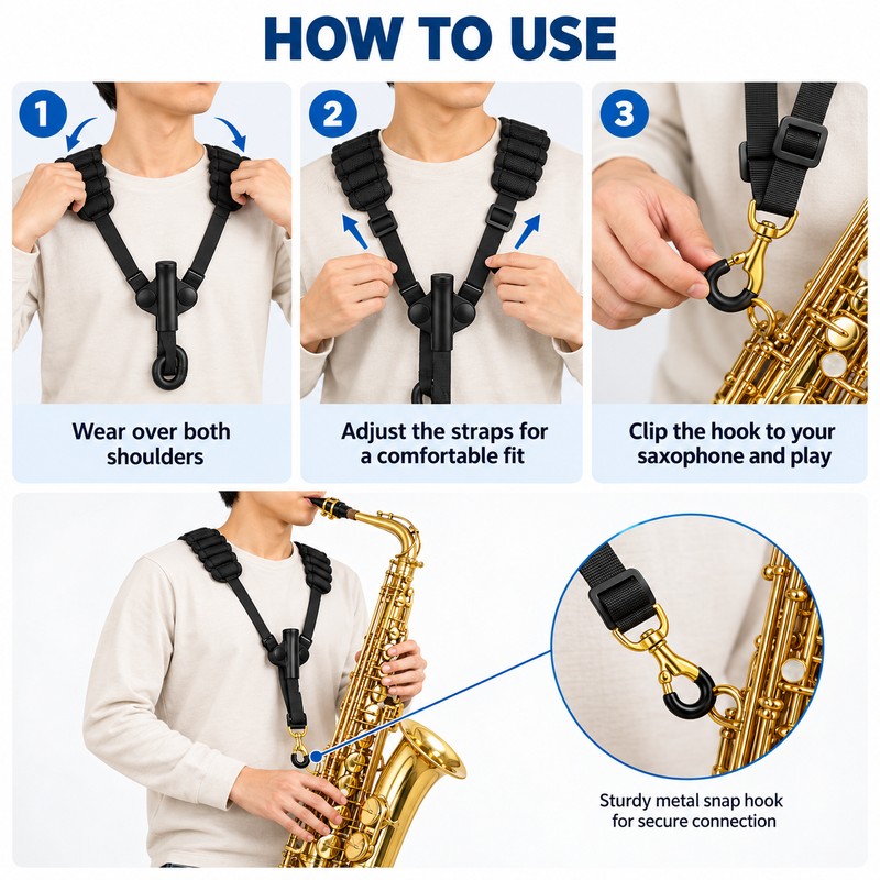Adjustable Saxophone Shoulder Strap, Leather Double Shoulder Harness for Alto,