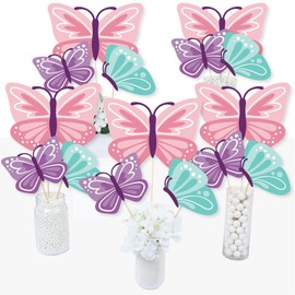 Big Dot of Happiness Beautiful Butterfly - Floral Baby Shower or Birthday Centerpiece Sticks - Table Toppers - Set of 15