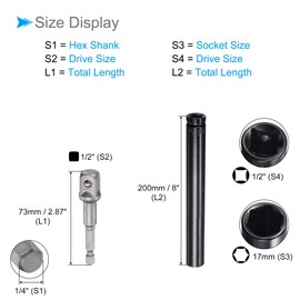 CoCud Deep Socket Set, 17mm Socket 8" Length 1/2" Drive, CR-V 6-Point Drive Socket Accessory Set with 1/4" Socket Adapter - (Applications: for Electric Hand Drill Screwdriver)