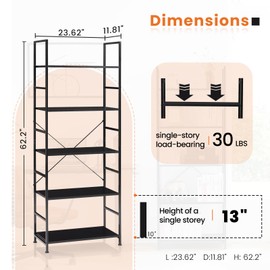 Elevon Book Shelf, 5 Tier Bookcase, Tall Bookshelf Modern Book Case for Books, Garage Kit, CDs, Movies, Industrial Corner Storage Organizer for Bedroom Home Office Kitchen Living Room