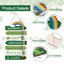 HOURIA Rainbow St Patricks Day Door Decor,11.4 * 17.7”Inch Irish Lucky Shamrock Wood Hanging Sign for Wreath,Green Saint Patricks Day Decorations For Indoor Outdoor Front Porch Office Garden Shop