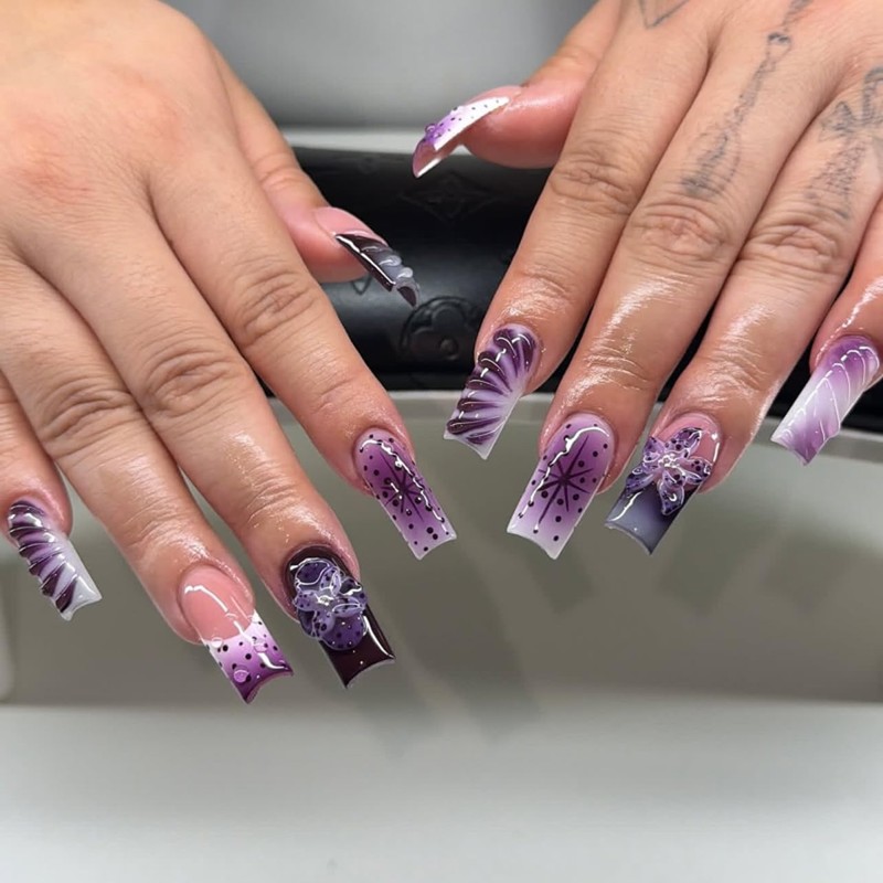 Uñas postizas francesas con flores moradas, acrílicas, largas, cuadradas, de