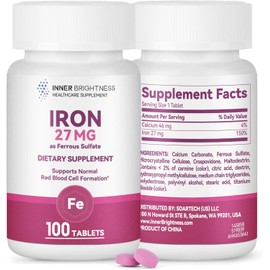 Inner Brightness Iron Supplement, Iron 27mg Iron Supplement for Women, 100 Tablets, 100 Day Supply, Daily for Adults, Red Blood Cell Support, Gentle on Stomach