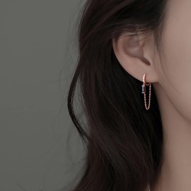 SLUYNZ 925 Sterling Silver Dangle Hoop Earrings for Women Minimalist Black CZ Hoop Earrings Tassel Chain (C-Rose Gold)