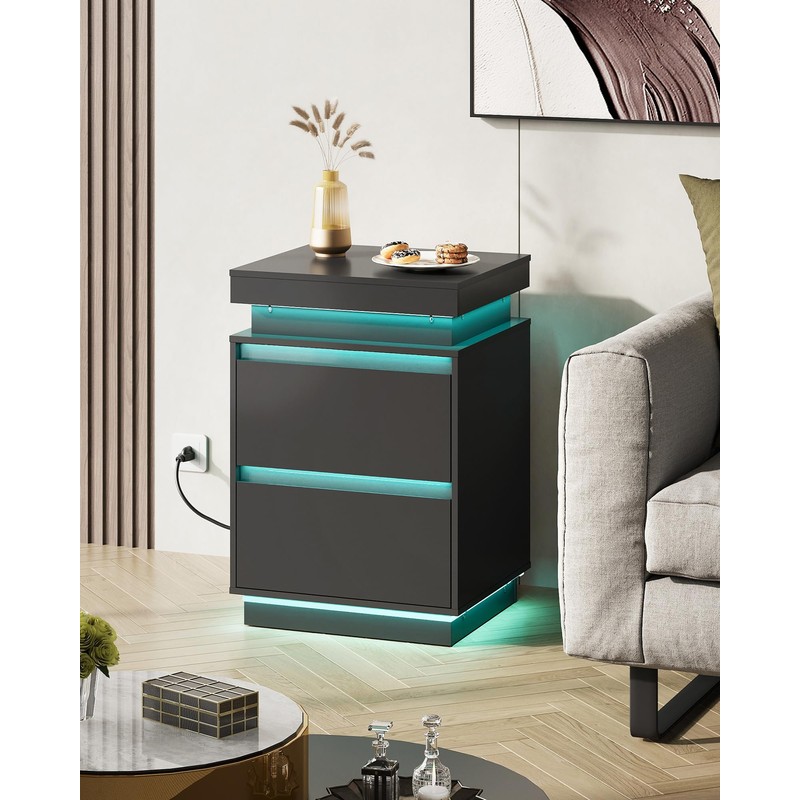 WLIVE Black Nightstand with Charging Station and LED Lights, Bedside