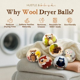 Hustle & Blush Fluff Ewes Wool Dryer Balls 6 Pack - Extra Large Hedgehog and Homies Premium Hand Needled New Zealand Laundry Set, Reduces Drying Time, Static Control, Chemical Free Reusable