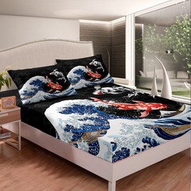 Japanese Ukiyoe Fish Bed Sheet Set Ocean Surfing Koi Toddler Bedding Sheets Kids Boys Japanese-Style Exotic Koi Animal Bedding Fitted Sheet Exotic Style Bed Cover Bedroom Collection 3Pcs Full Size