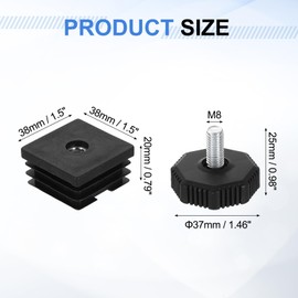 sourcing map 4 Set Leveling Feet, M8x38x38mm Plastic Adjustable Furniture Leg Leveling Square Threaded Insert Screw-in Glide Levelers for Table Chair Furniture, Black