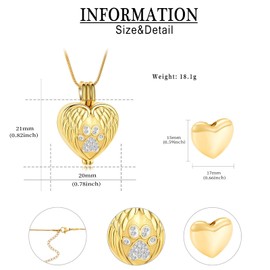 QGJNSGC Urn Necklace for Ashes Pet Cremation Jewellery for Dog Cat Paw Print Memorial Locket Heart Keepsake Urn Loving Memory Jewellery, Stainless Steel