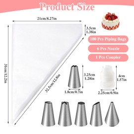 Soodyoow 100 Stück Spritzbeutel Set+6 Spritztüllen+1 Kuchen Kupplung für Spritztüllen, Große Spritzbeutel Set, Profi-Spritzbeutel für Dekorieren Von Gebäck, Torten Geeignet, Keksen, Cupcakes