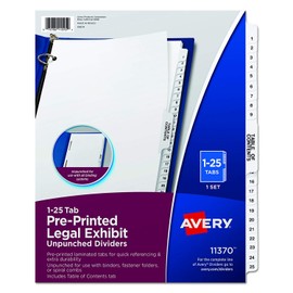 Premium Collated Legal Exhibit Divider Set, Avery Style, 1-25 and Table of Contents, Side Tab, 8.5 x 11 Inches, 20 Set (11370)